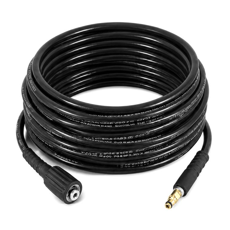Black high-pressure washer hose extension with coiled loops and two molded end connectors.