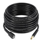 Black rubber high-pressure washer extension hose, coiled, featuring metal and brass connection ends.