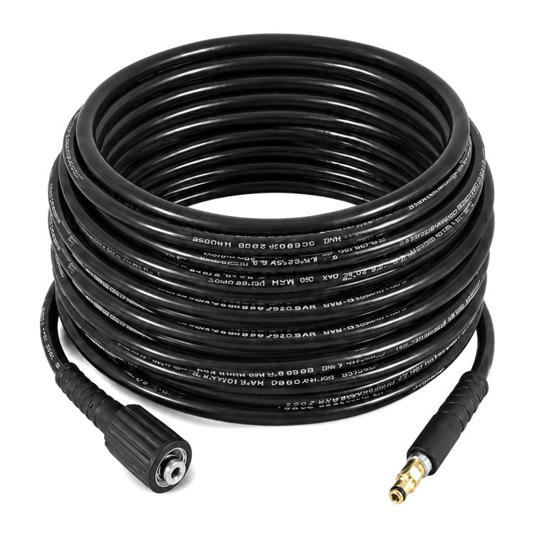 Black rubber high-pressure washer extension hose, coiled, featuring metal and brass connection ends.