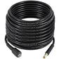 High-pressure washer hose extension, black rubber coil, with metal quick-connect and brass end.