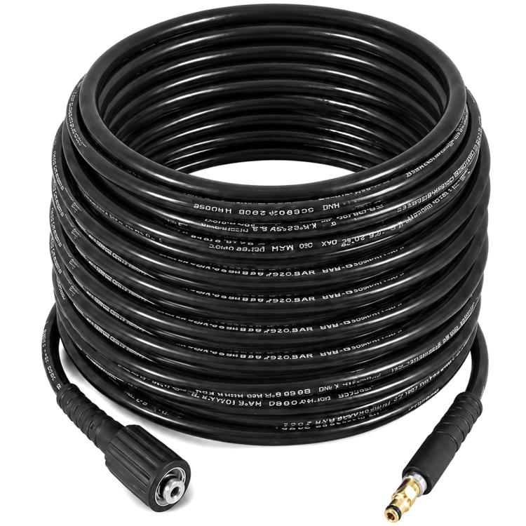High-pressure washer hose extension, black rubber coil, with metal quick-connect and brass end.