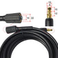 High-pressure washer hose ends with connectors and measurement labels for fitting sizes.