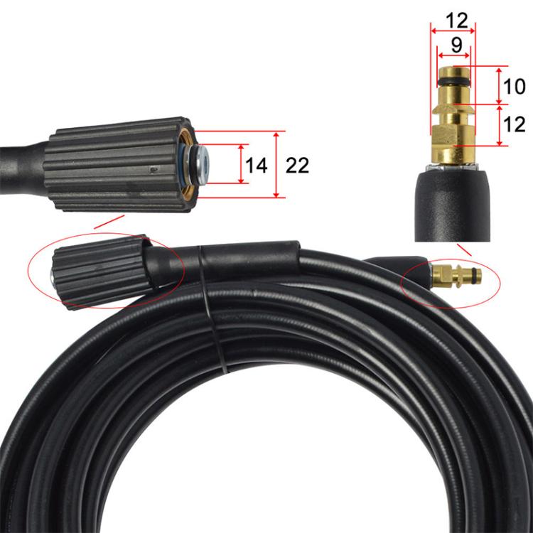 High-pressure washer hose ends with connectors and measurement labels for fitting sizes.