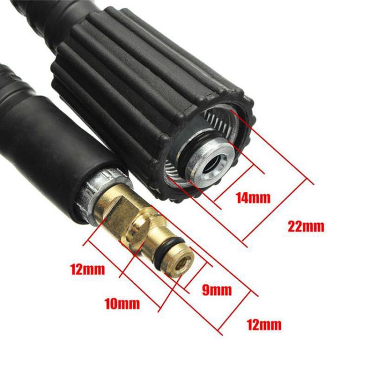 Close-up of high-pressure washer hose connectors with labeled dimensions on end fittings.