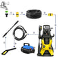 Set including coiled black high-pressure washer hose extension with end connectors.