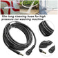 Black high-pressure washer outlet hose with coiled design and metal connector fittings