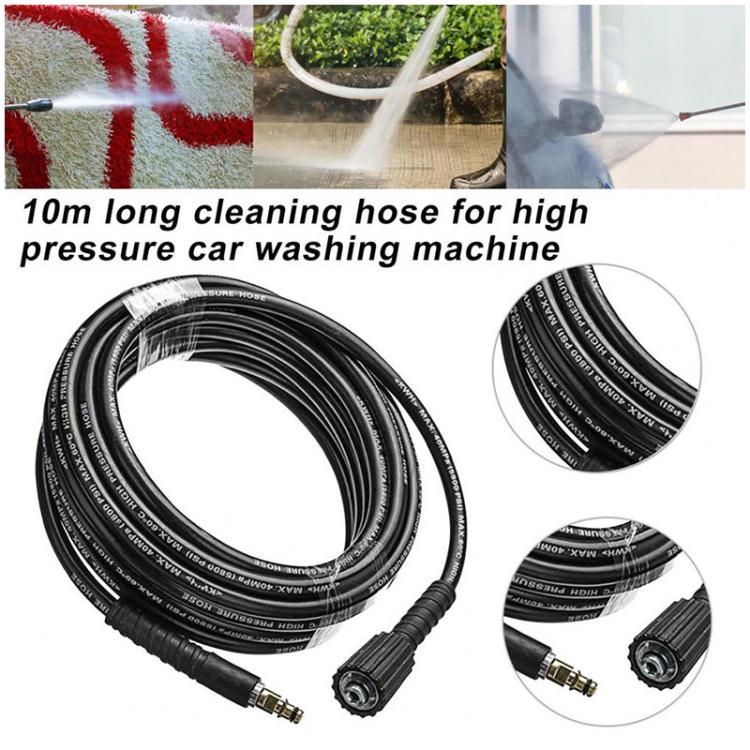 Black high-pressure washer outlet hose with coiled design and metal connector fittings