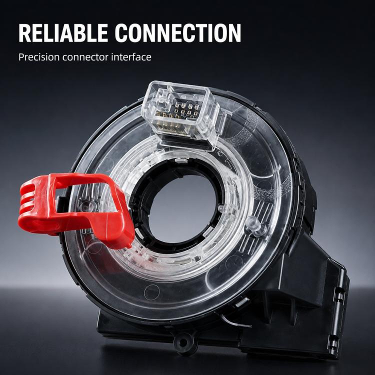 Steering wheel airbag clock spring spiral cable, clear connector plate and red tab on black body