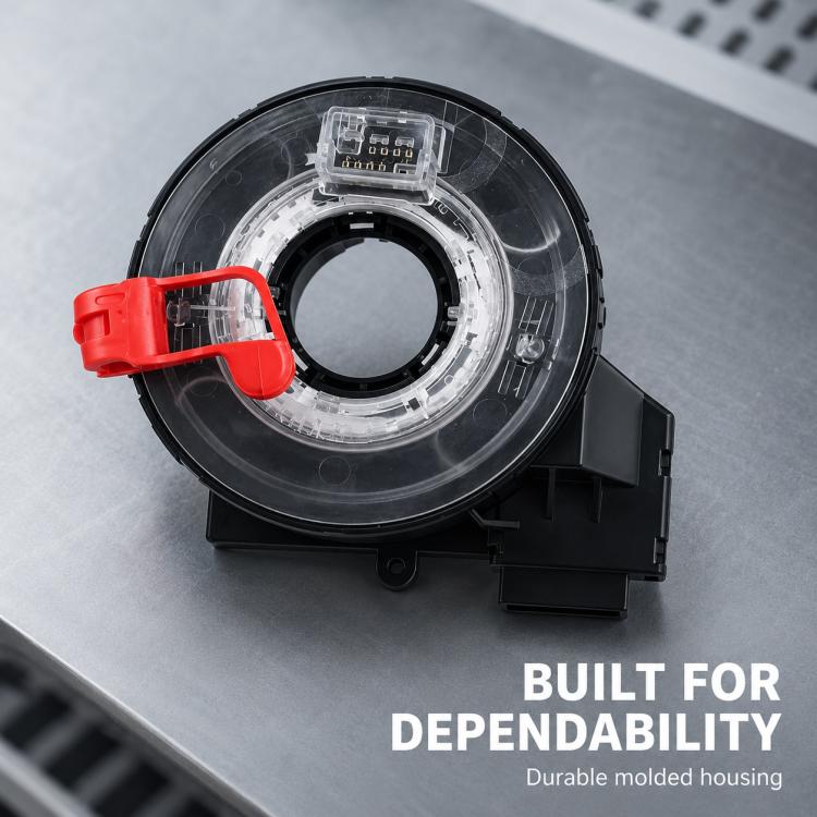 Steering wheel airbag clock spring spiral cable with black molded housing, clear ring, red latch