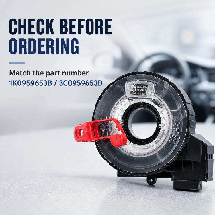 Steering wheel airbag clock spring spiral cable, black housing with clear module and red connector tab