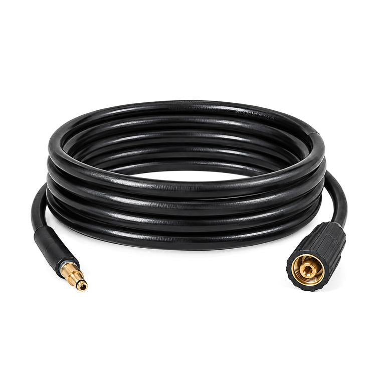 Black coiled rubber high-pressure washer water outlet hose with brass quick-connect ends
