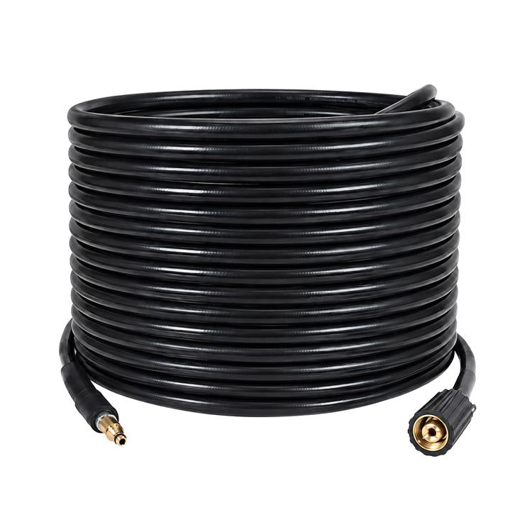 Coiled black rubber pressure washer water outlet hose with brass connector ends