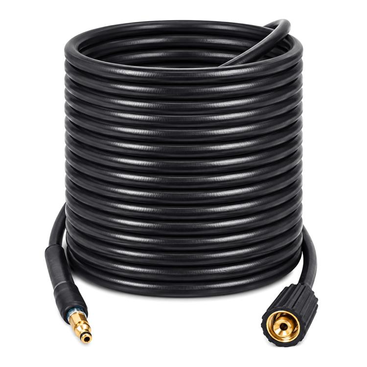 Rolled black rubber high-pressure washer water outlet hose with brass quick-connect fittings