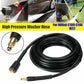 Coiled black pressure washer hose with M22 brass fittings and threaded outlet