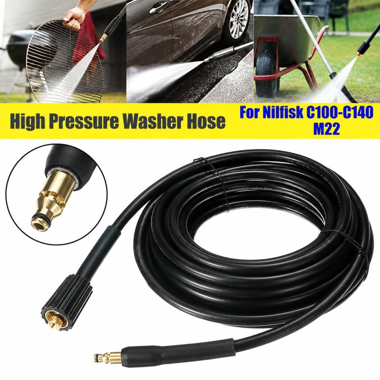 Coiled black pressure washer hose with M22 brass fittings and threaded outlet