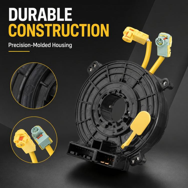 Steering wheel clock spring spiral cable, black molded housing with yellow and teal connectors
