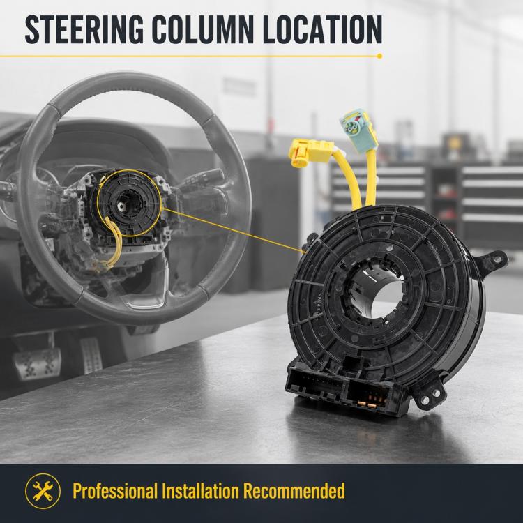Steering wheel clock spring spiral cable near steering wheel, black housing with yellow leads
