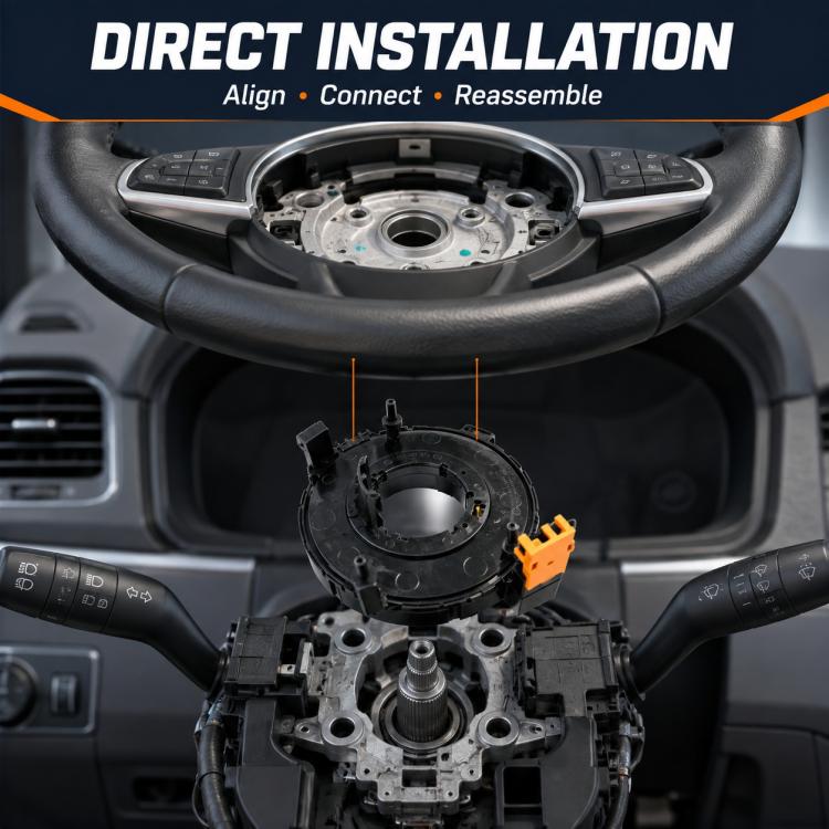 Steering wheel clock spring spiral cable module installed in steering column area