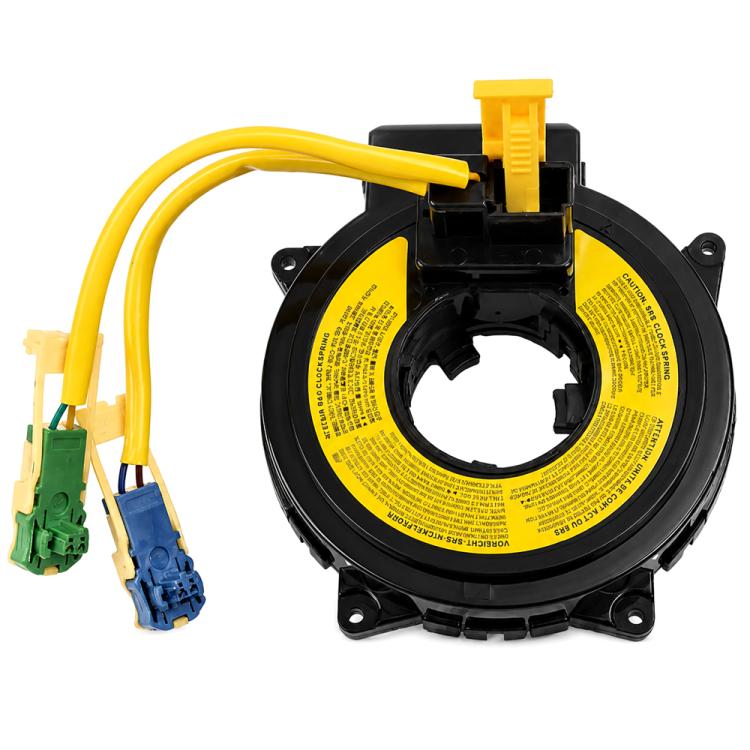 Clock spring spiral cable assembly with yellow wires and black circular housing