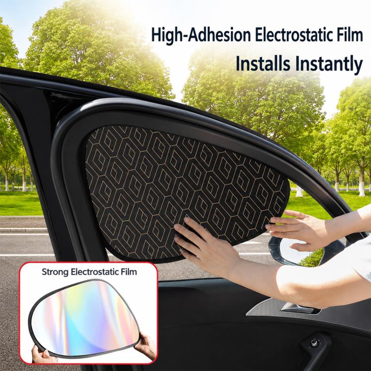 Black geometric privacy car window shade being applied to side window