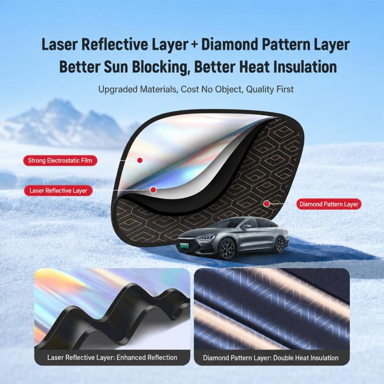 Black geometric privacy car window shade with laser reflective layer and diamond pattern