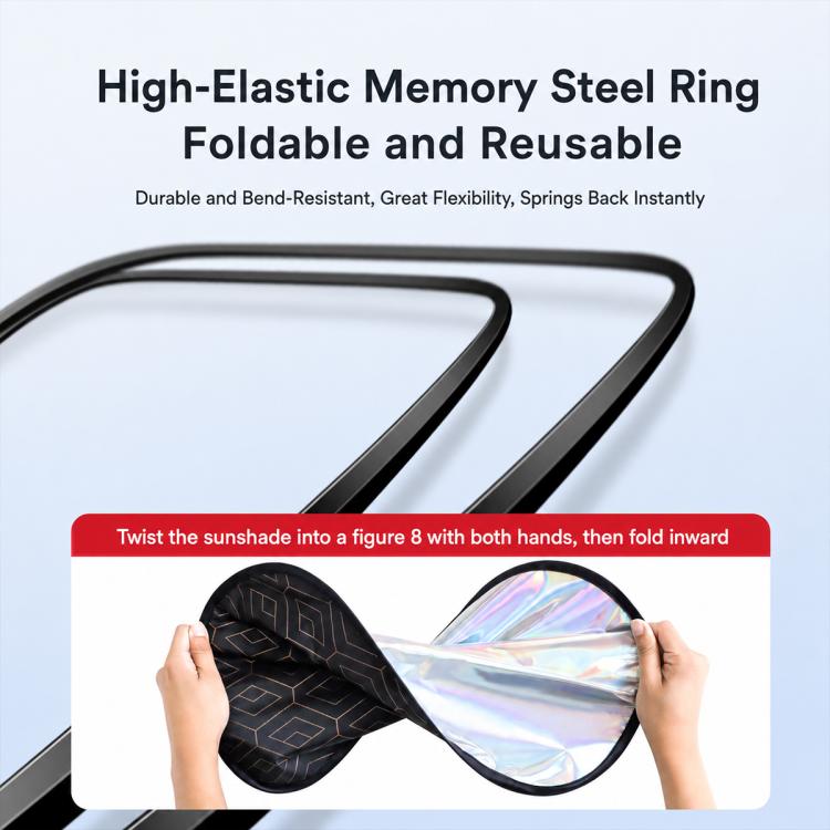 Foldable black car window sunshade with steel ring, shown compact and reusable