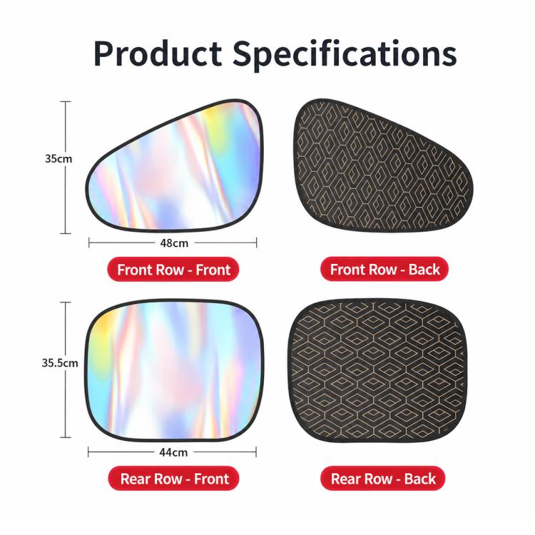 Car window shade size chart with front and rear black patterned panel shapes
