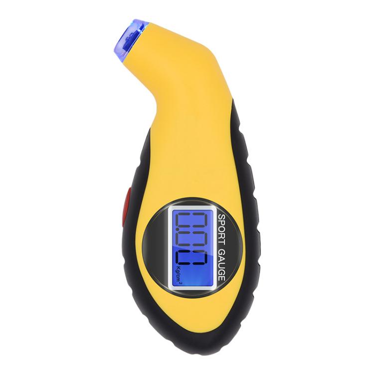 Digital tire pressure gauge tool with blue backlit display, yellow and black body