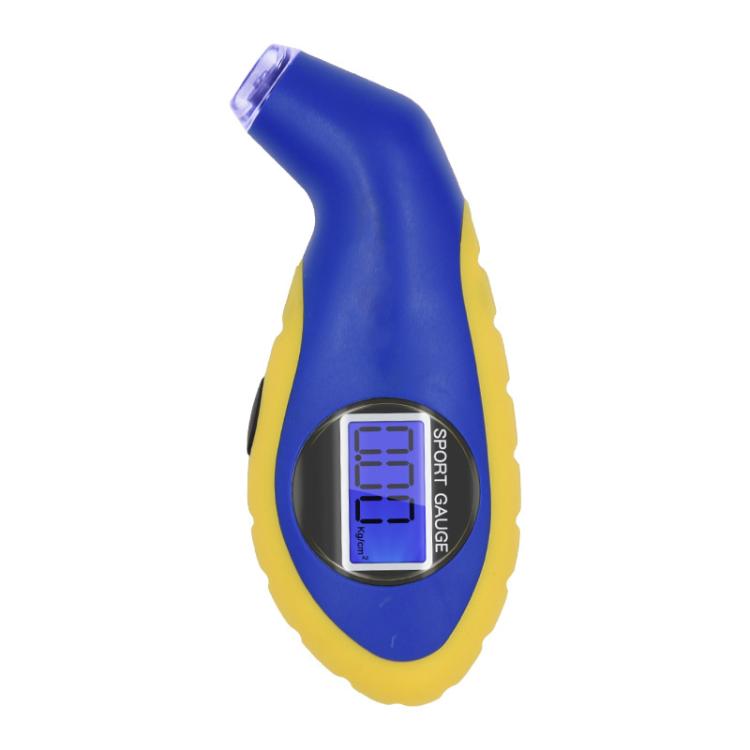 Digital tire pressure gauge tool with blue backlit display, blue and yellow body