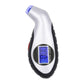 Digital tire pressure gauge tool with blue backlit display, silver body with black grip