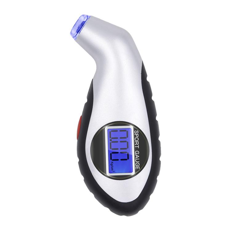 Digital tire pressure gauge tool with blue backlit display, silver body with black grip