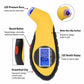 Yellow digital tire pressure gauge with LED backlit display and clear nozzle cap