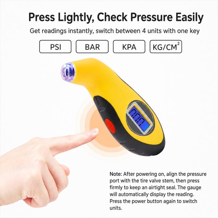 Yellow handheld tire pressure gauge with blue digital display and clear nozzle
