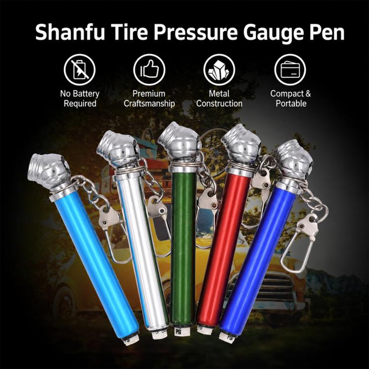 Tire pressure gauge pen with keychain clip, metal head, compact portable design