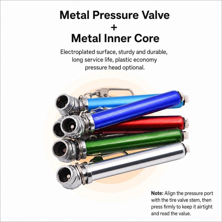 Set of metal tire pressure gauge pens with pressure valve heads and inner core