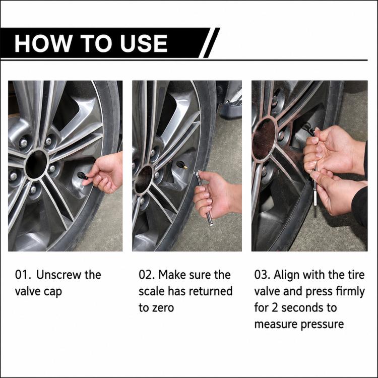 Tire pressure gauge pen in use on a wheel valve stem to read pressure