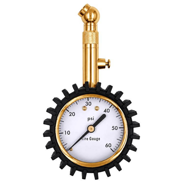 Brass metal tire pressure gauge with white dial, black gear-style protective cover