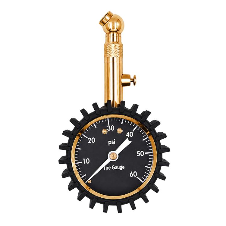 Brass metal tire pressure gauge with black dial, black gear-style protective cover