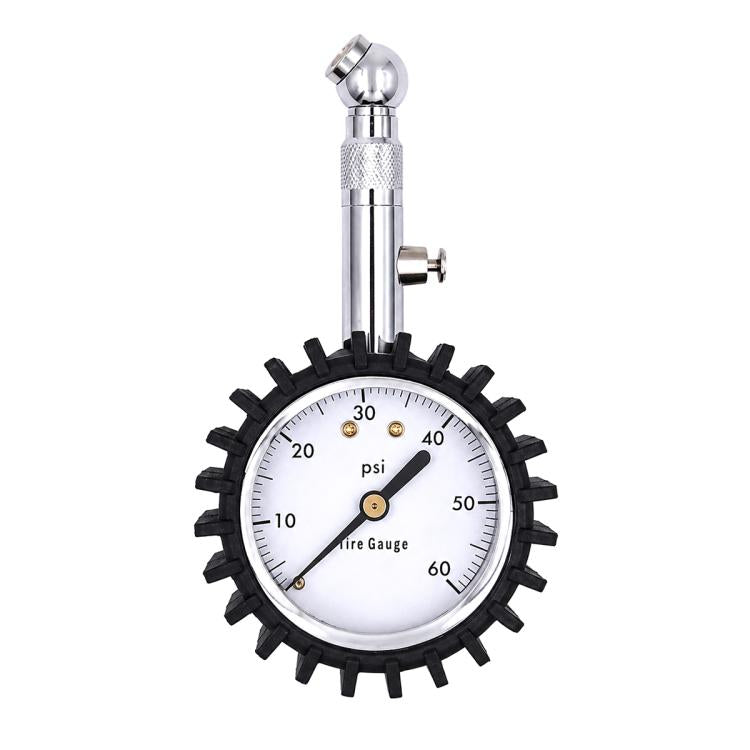 Silver metal tire pressure gauge with white dial, black gear-style protective cover