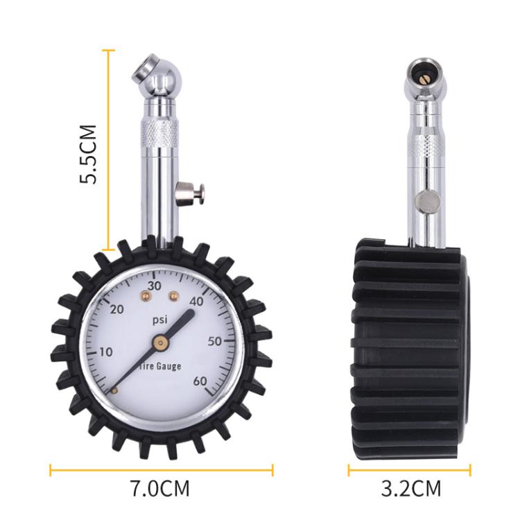 Compact tire pressure gauge with metal valve stem and black gear-style cover