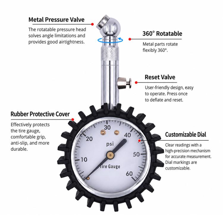 Tire pressure gauge with metal pressure valve, white dial, and black protective gear cover