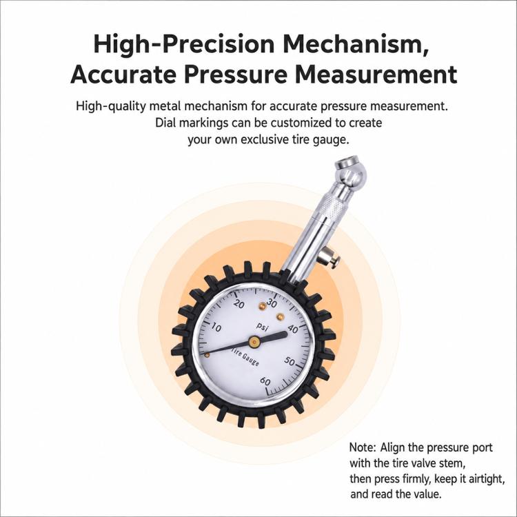 High-precision tire pressure gauge with metal stem and black gear-style protective cover