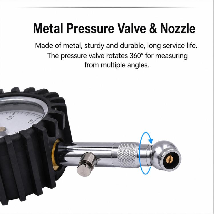 Metal tire pressure nozzle and valve tip attached to gauge body