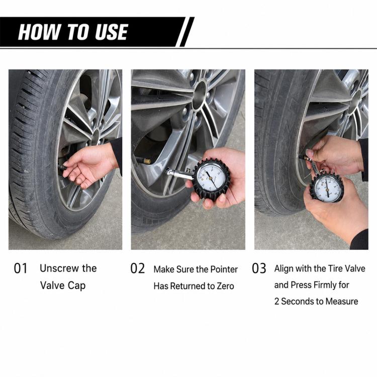 Tire pressure gauge held to the wheel valve, multiple use-step views