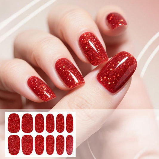 Waterproof glitter nail stickers, scarlet red solid color, 12 per sheet