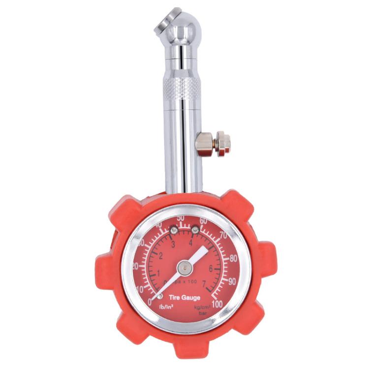 Metal tire pressure gauge with red dial, chrome body, and knurled valve fitting