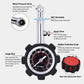 Tire pressure gauge with black protective cover, dual scale dial, and chrome valve head