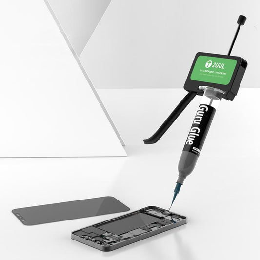 Manual hot melt glue gun with green display and blue tube, dispensing tip