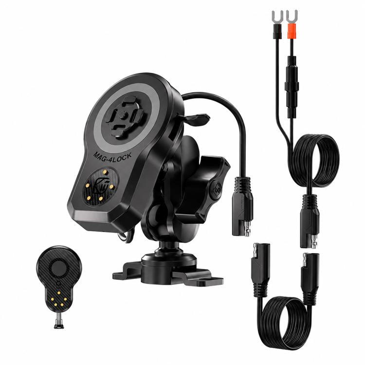 Motorcycle magnetic phone charger mount with base stand and rotating handlebar clamp
