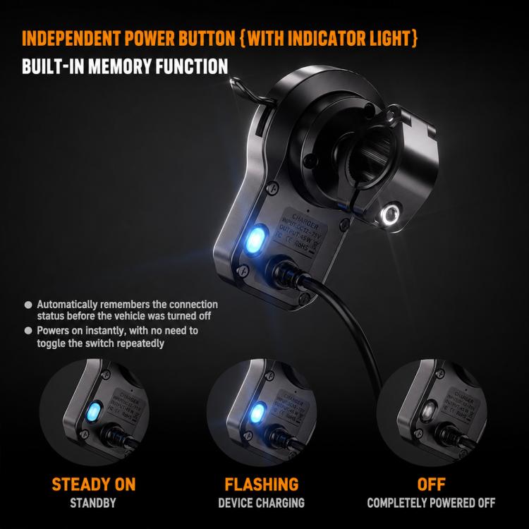 Black motorcycle magnetic phone charger mount with blue indicator light and power button